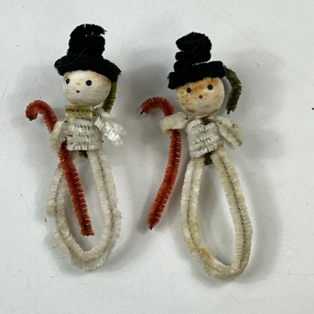 Vtg 1950s Chenille Pipe Cleaner Snowman Ornaments Set 2 Christmas Japan Style